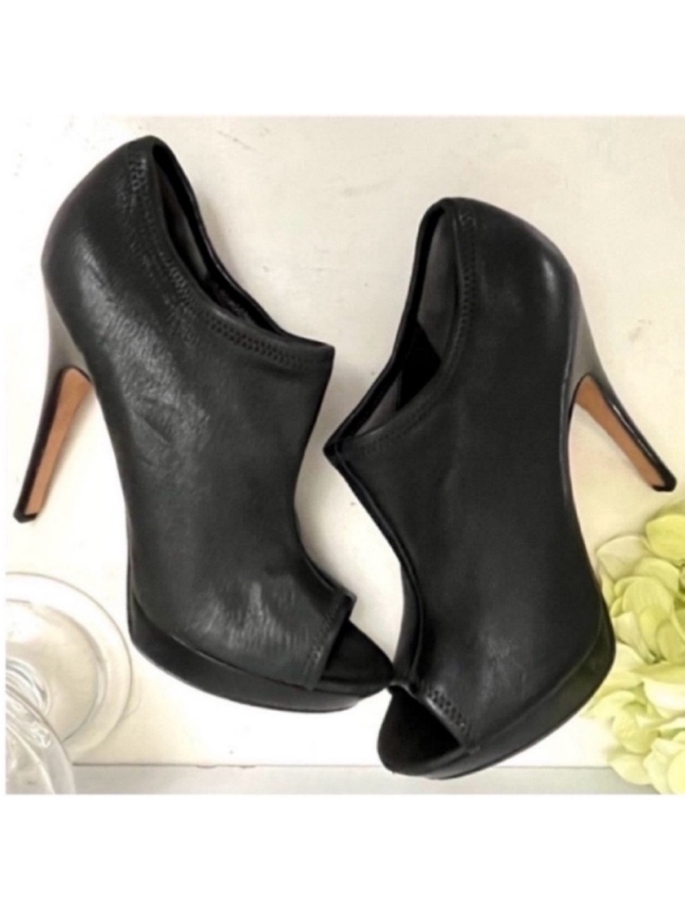 Via Spiga Black Leather Peep-Toe High Heel Booties Size 8